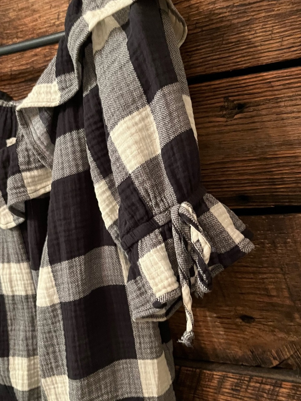 Anthropologie Porridge gingham check cotton gauzy ruffle neck blouse tie sleev - Picture 3 of 6